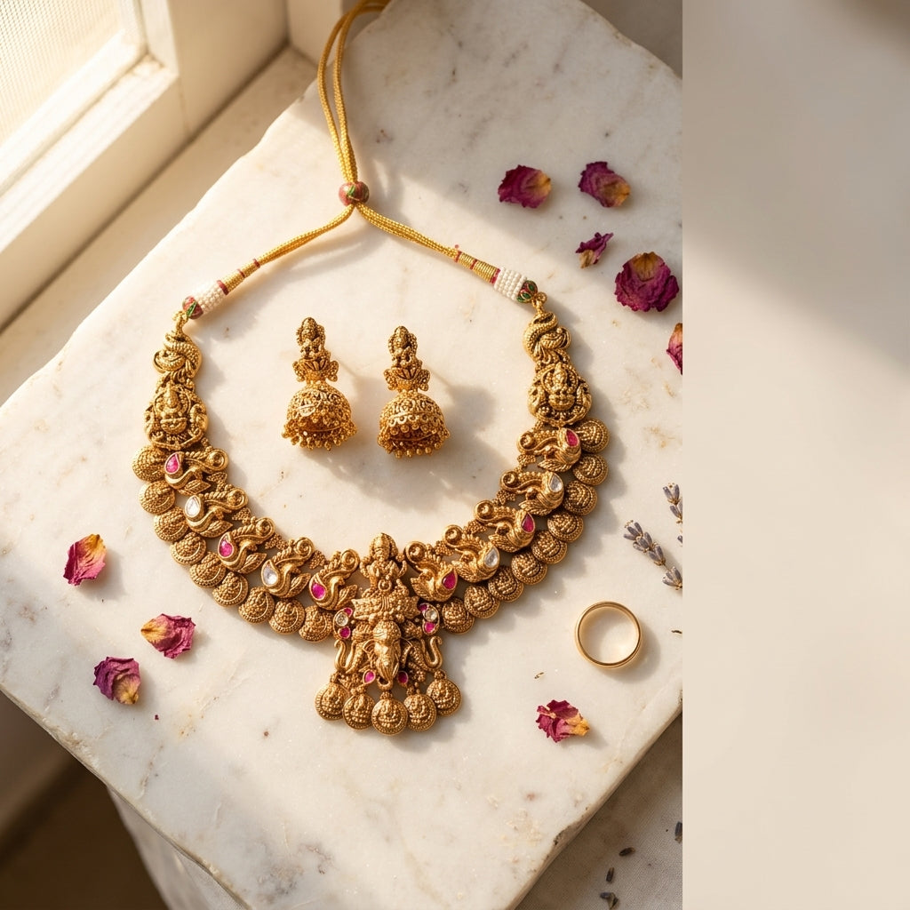 Ruby and White Temple Peacock Necklace Set - Tabletop