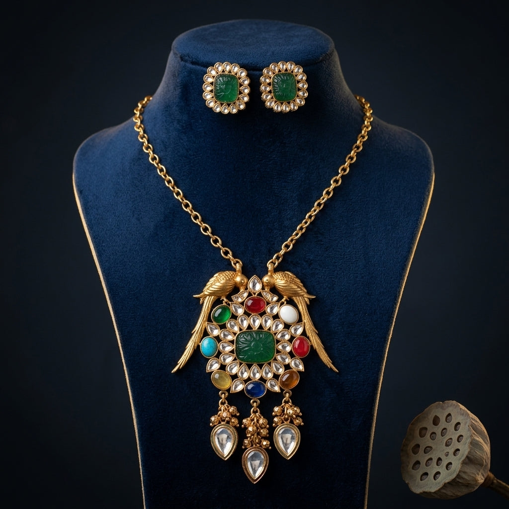 Green Parrot Carved Stone Necklace Set - Mannequin