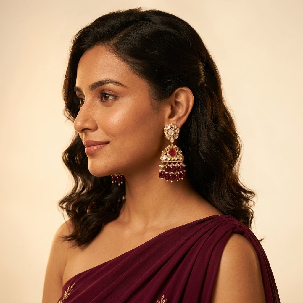 Ruby and Clear Ornate Floral Cluster Earrings - Model