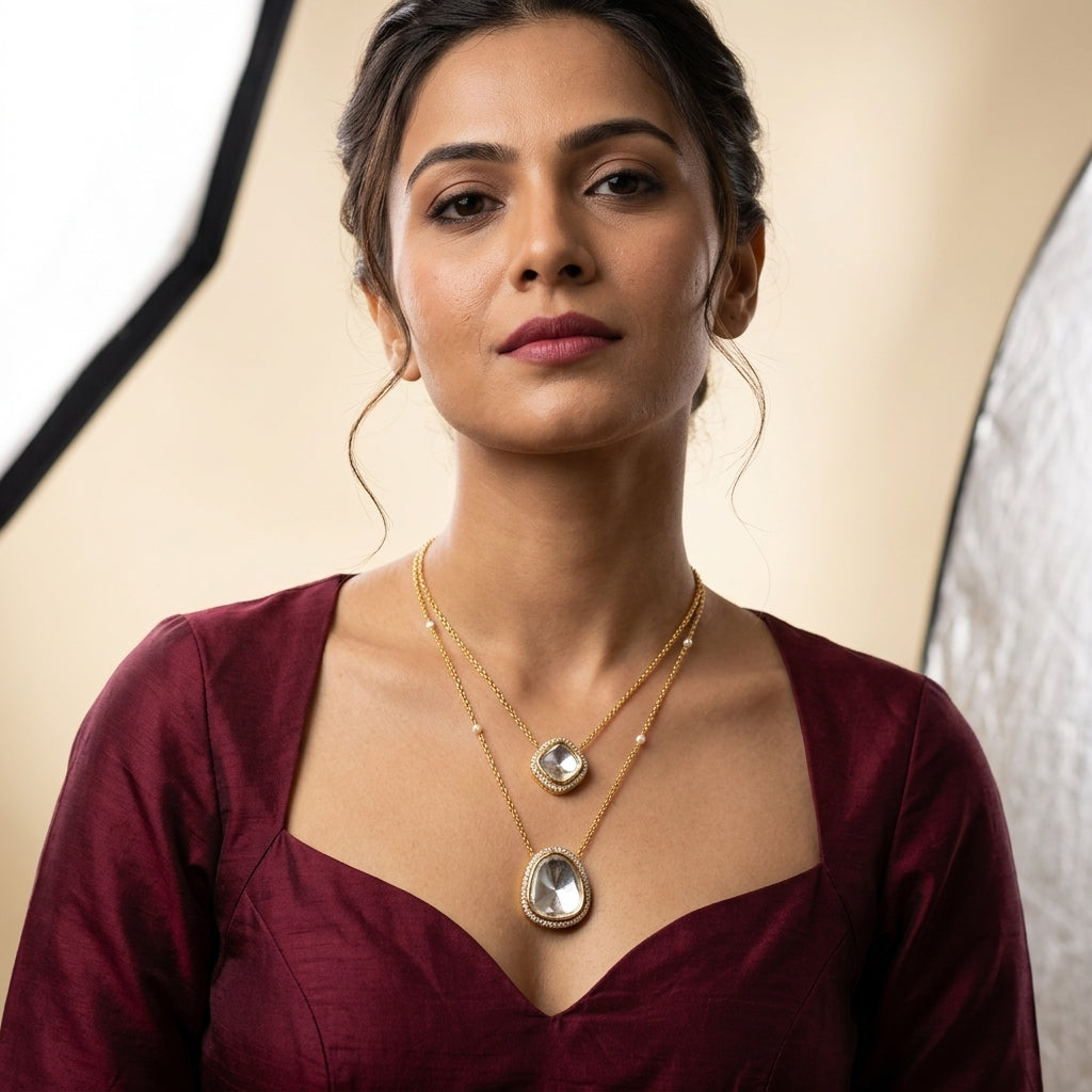 White Polki Bandhai Necklace Set - Model