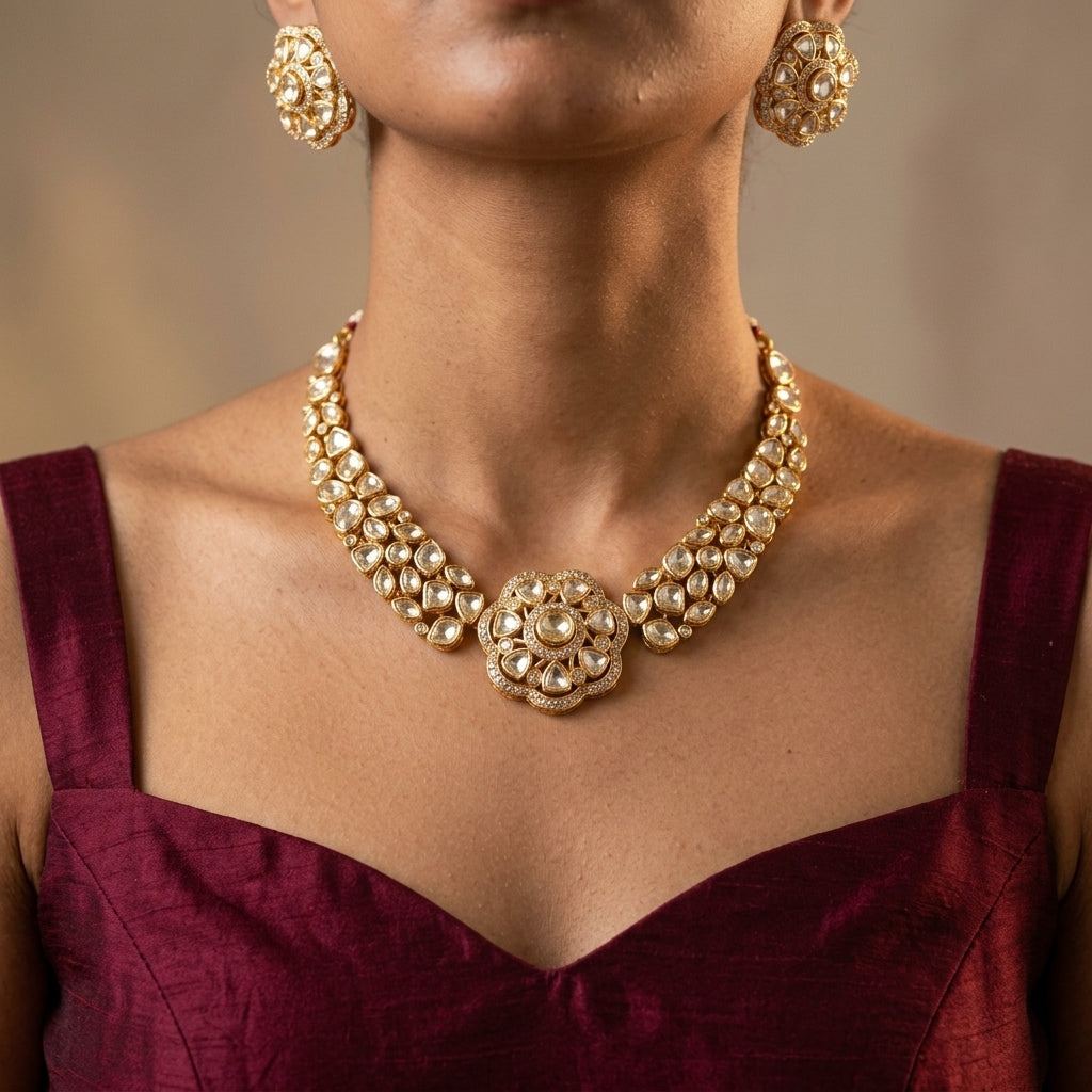White Floral Cluster Necklace Set - Model