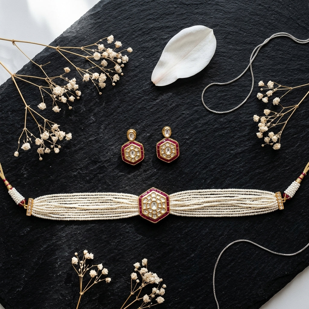 Ruby Red Heritage Kundan Choker Set - Tabletop