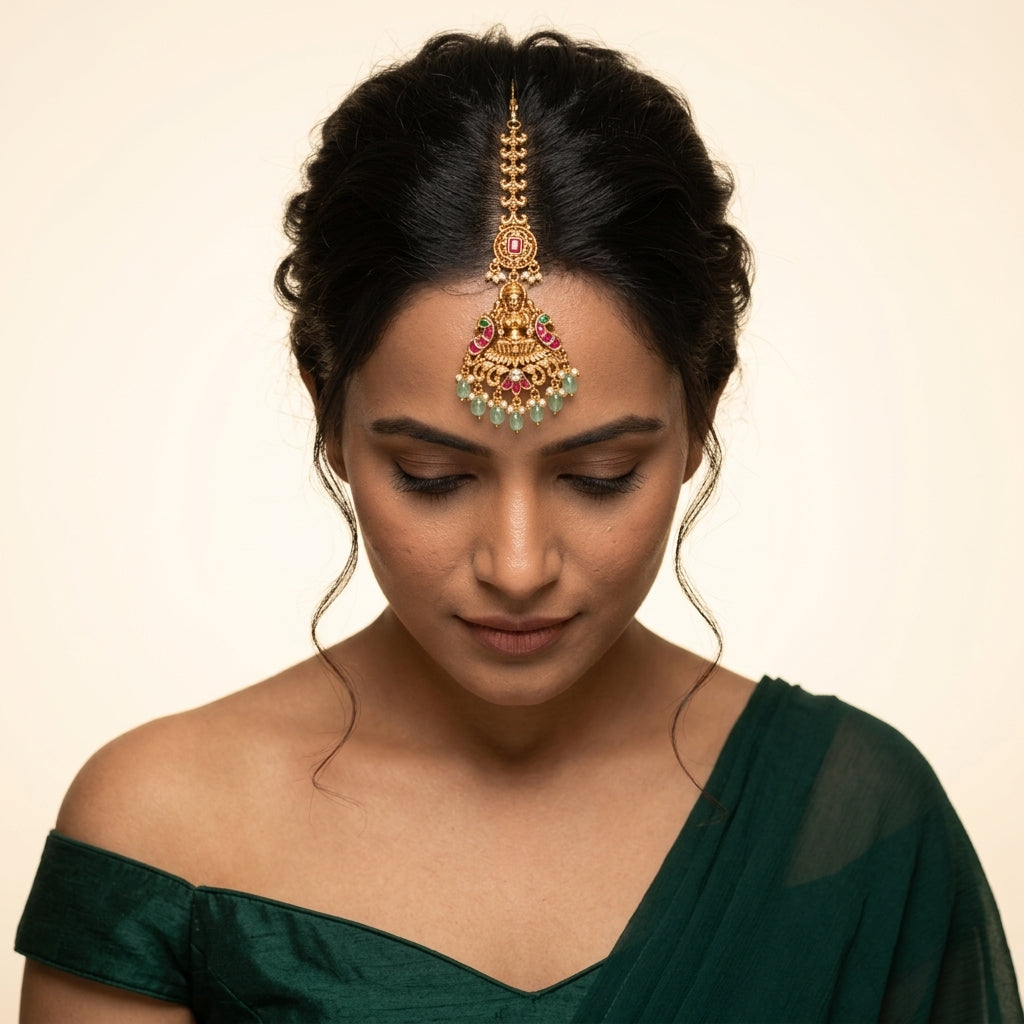 Ruby Green Temple Peacock Maang Tikka - Model