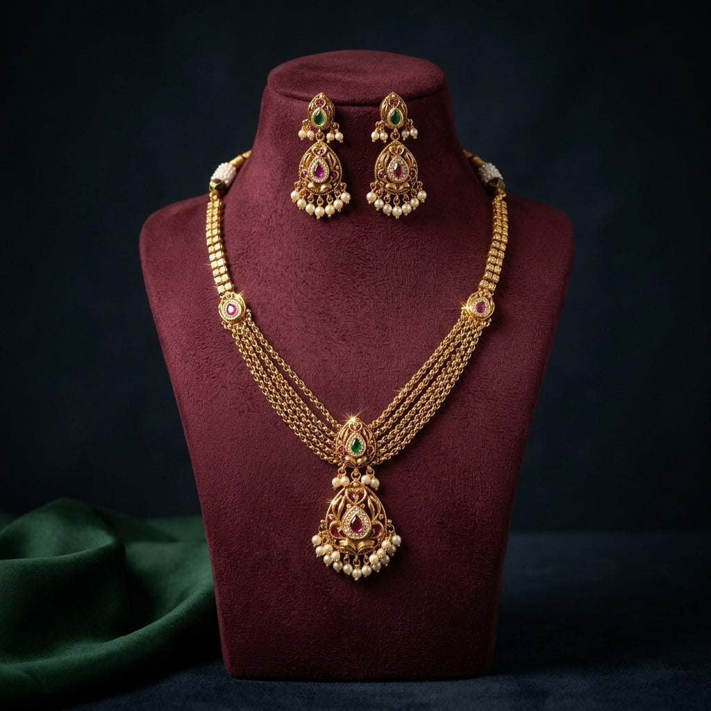 Ruby Green Tear-drop Motif Necklace Set - Mannequin