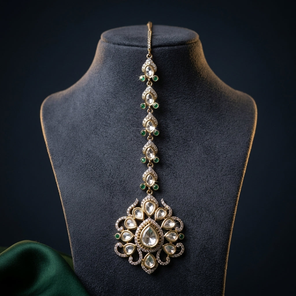 Clear and Green Ornate Teardrop Cluster Maang Tikka - Mannequin