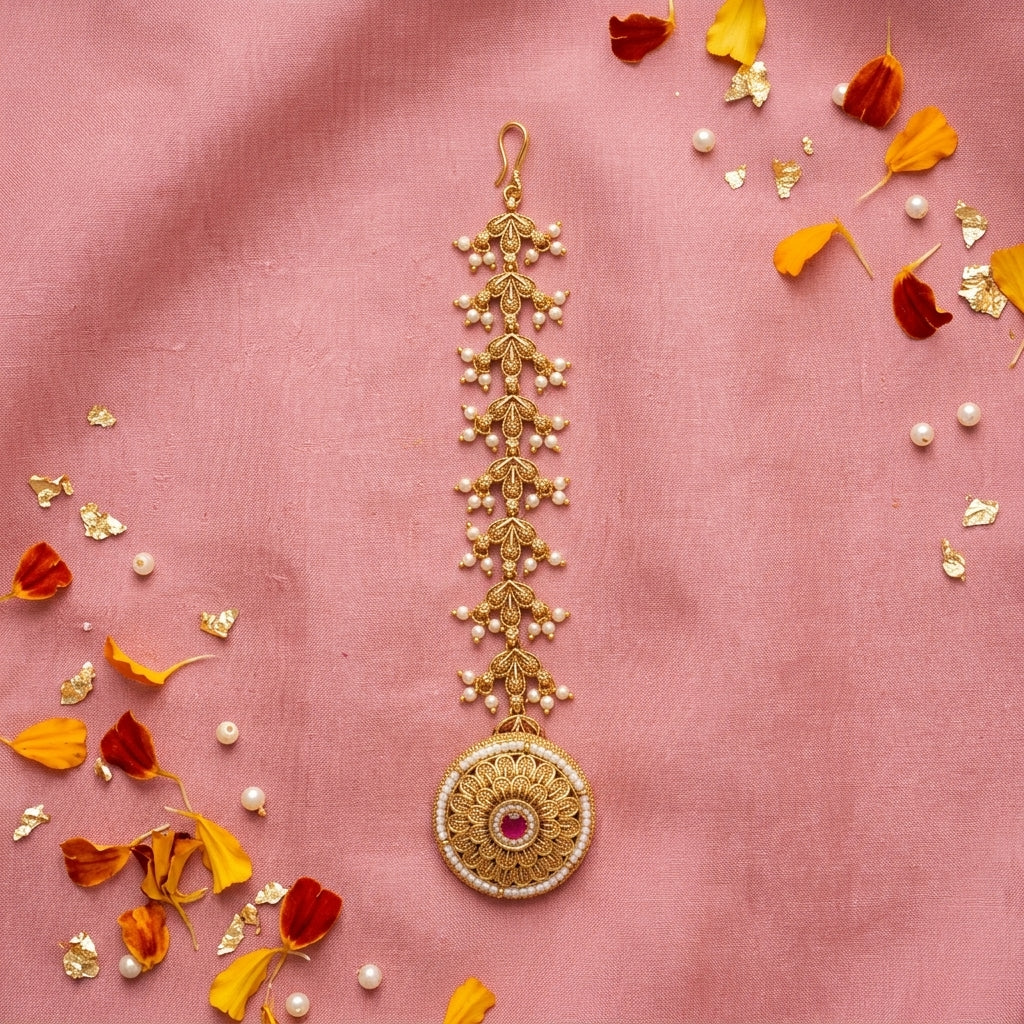 Ruby and Pearl Floral Leaf Maang Tikka - Tabletop