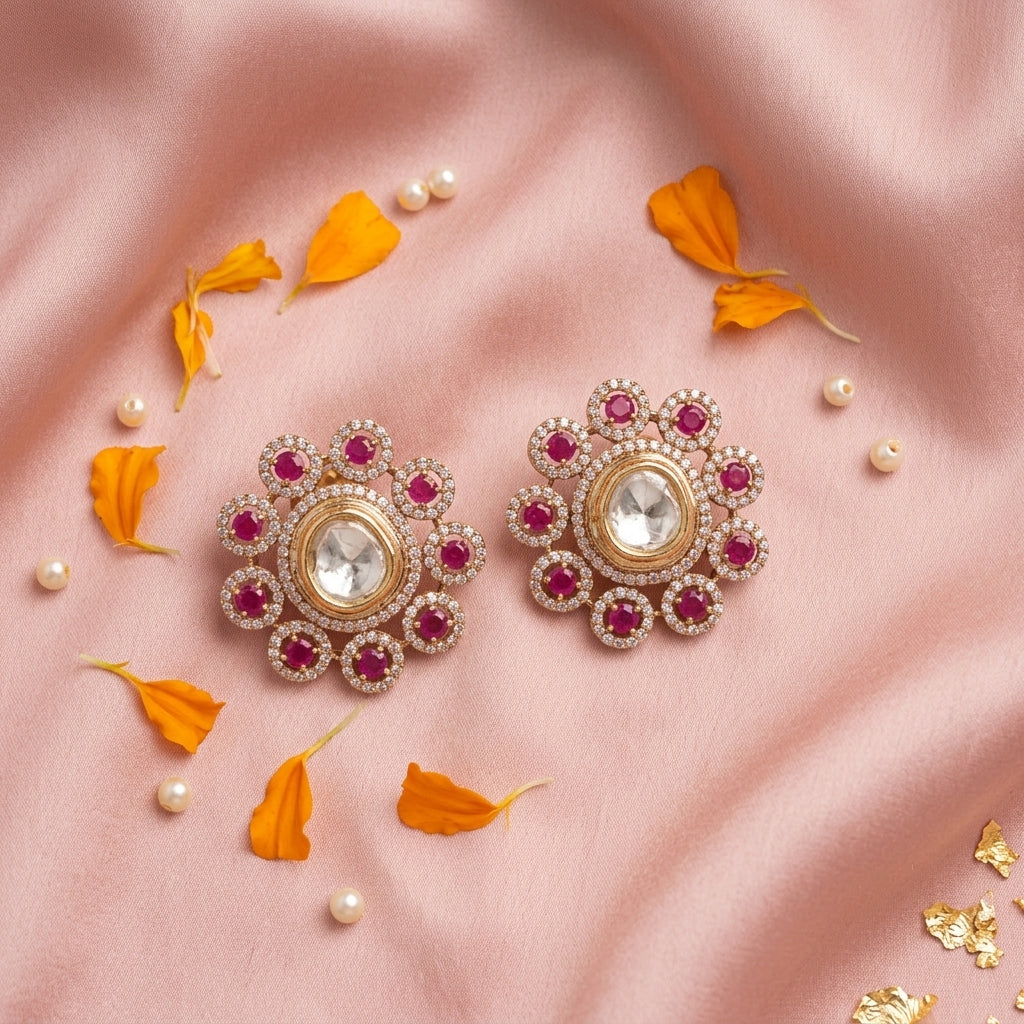 Ruby and Clear Floral Cluster Earrings - Tabletop