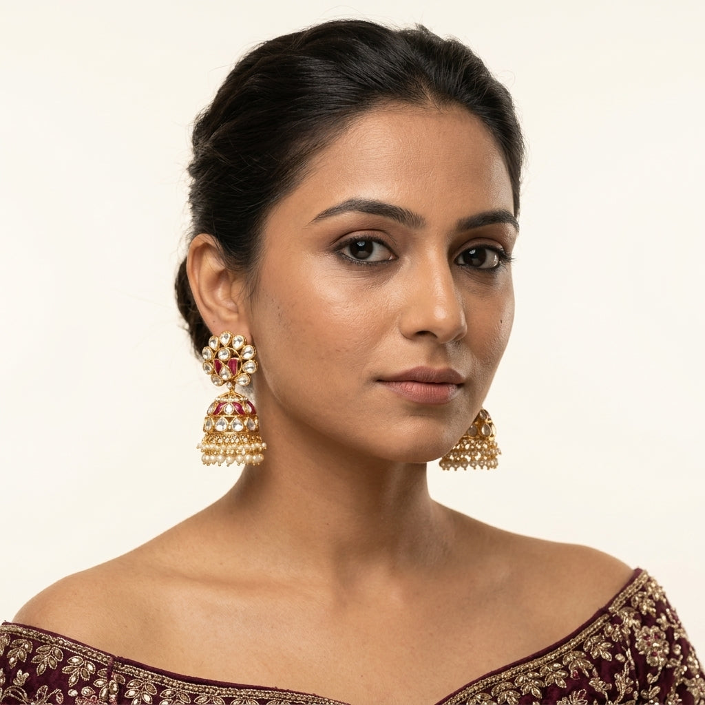 Ruby White Floral Kundan Jhumka Pair - Model