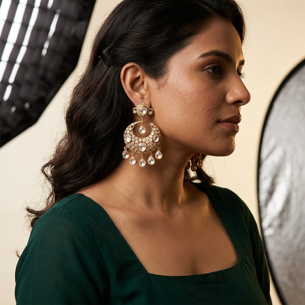 White Crescent Polki Cluster Earrings - Model