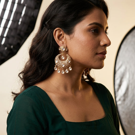 White Crescent Polki Cluster Earrings - Model