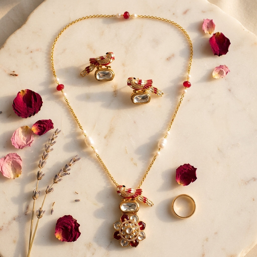 White and Red Bird Floral Necklace Set - Tabletop