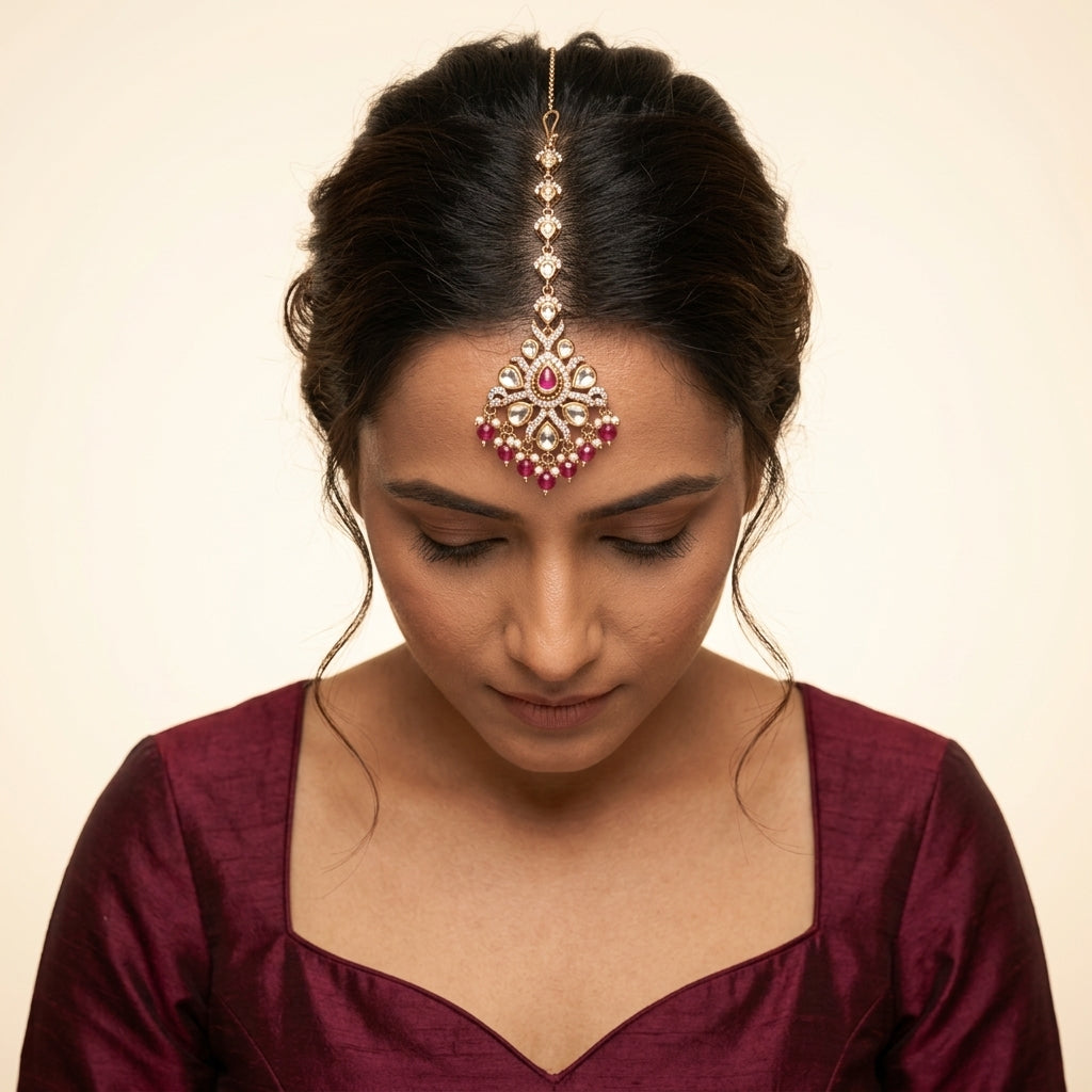Ruby and White Floral Cluster Maang Tikka - Model