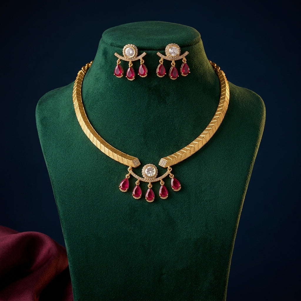 Clear and Red Cluster Drop Necklace Set - Mannequin