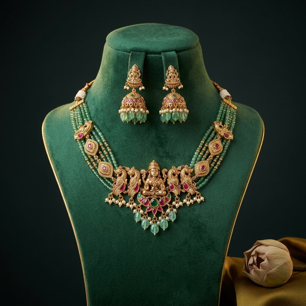 Green and Ruby Goddess Temple Necklace Set - Mannequin