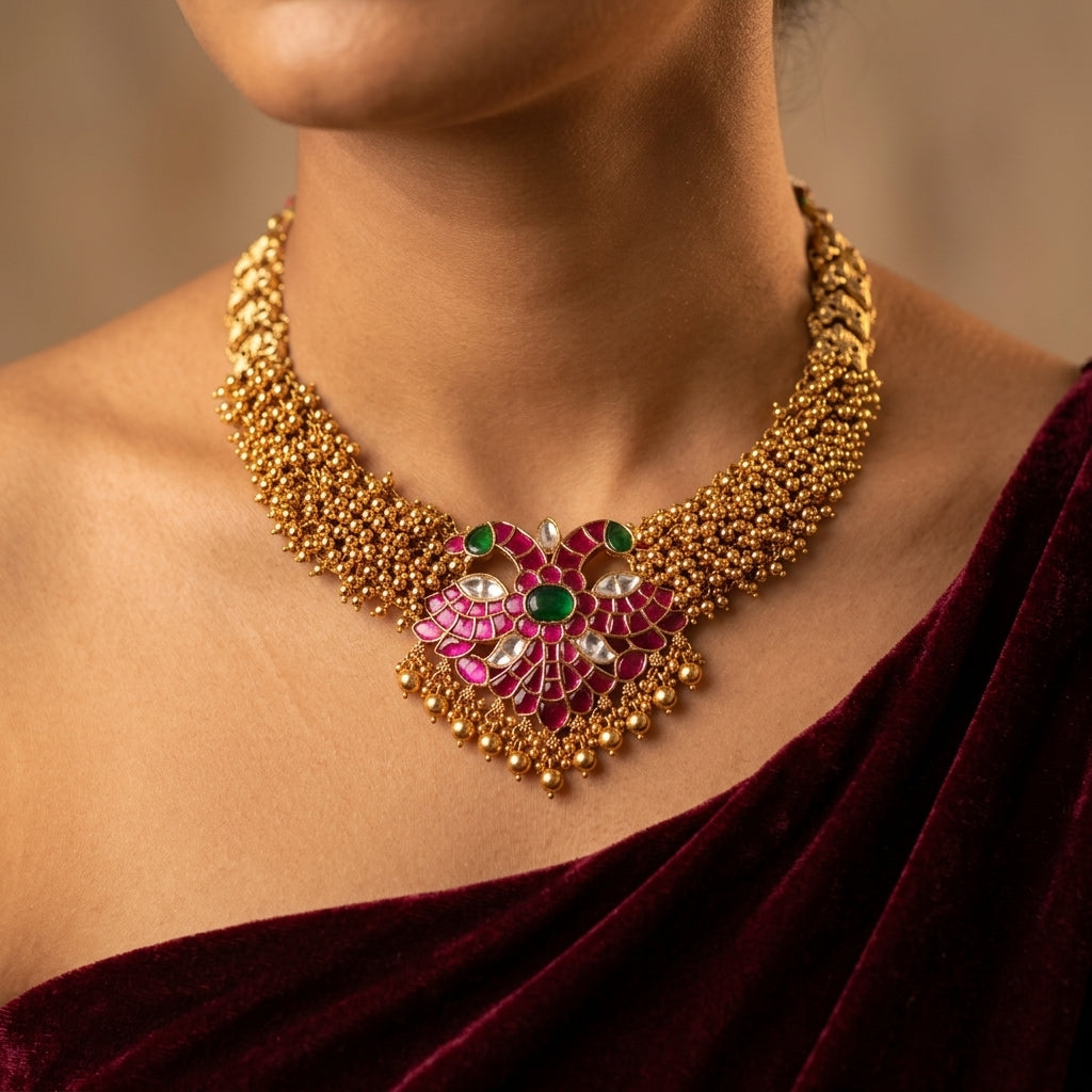 Multi Floral Peacock Necklace Set - Model