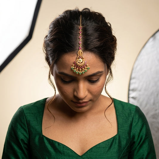Ruby Green Temple Floral Maang Tikka - Model