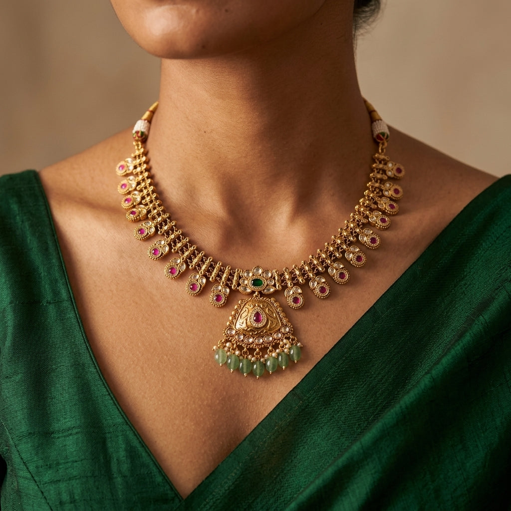 Ruby and Green Traditional Motif Necklace Set - Model