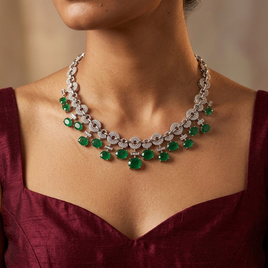 Green and Clear Circular Link Necklace Set - Model