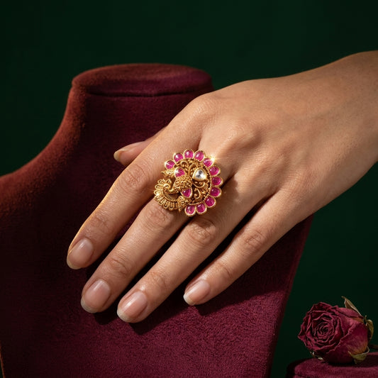 Ruby and Clear Peacock Floral Ring - Mannequin