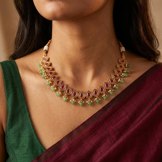 Ruby Teardrop Motif Necklace Set - Model