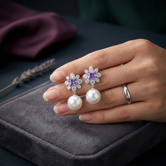 Purple and White Floral Pearl Drop Earrings - Mannequin