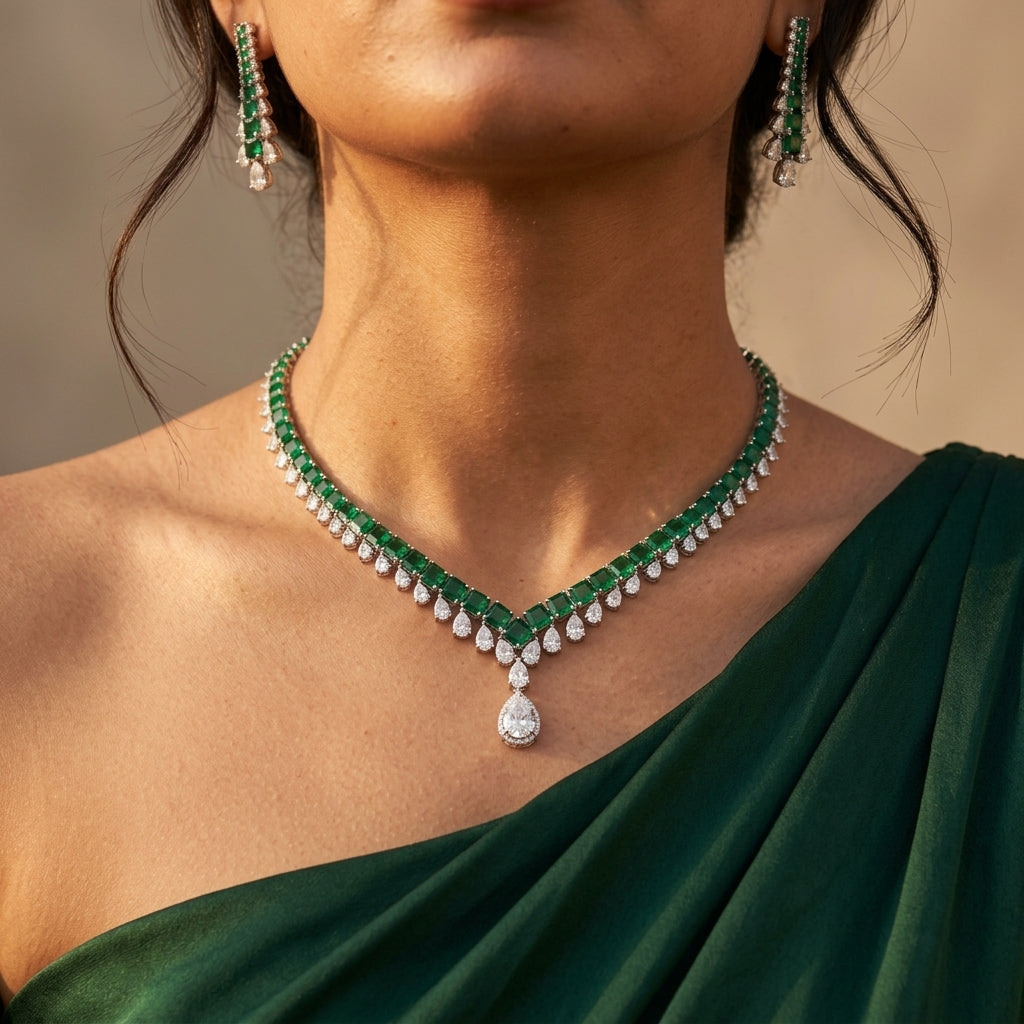 Green Emerald-cut Drop Necklace Set - Model