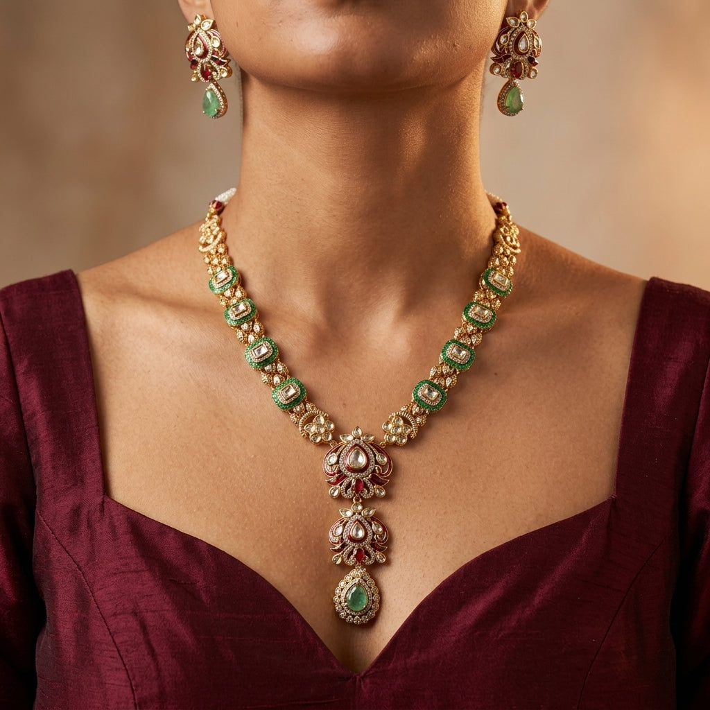 Multi Floral Enamel Necklace Set - Model