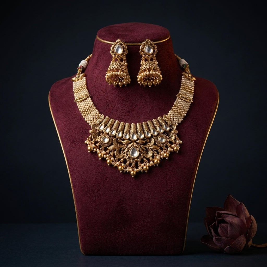White and Clear Floral Jhumka Necklace Set - Mannequin