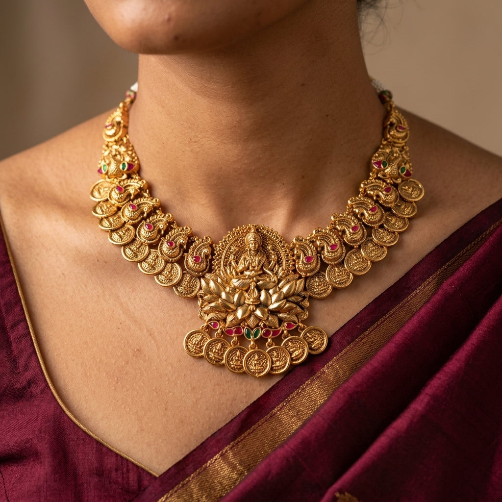 Ruby and Green Temple Lakshmi Peacock Necklace Set - Model