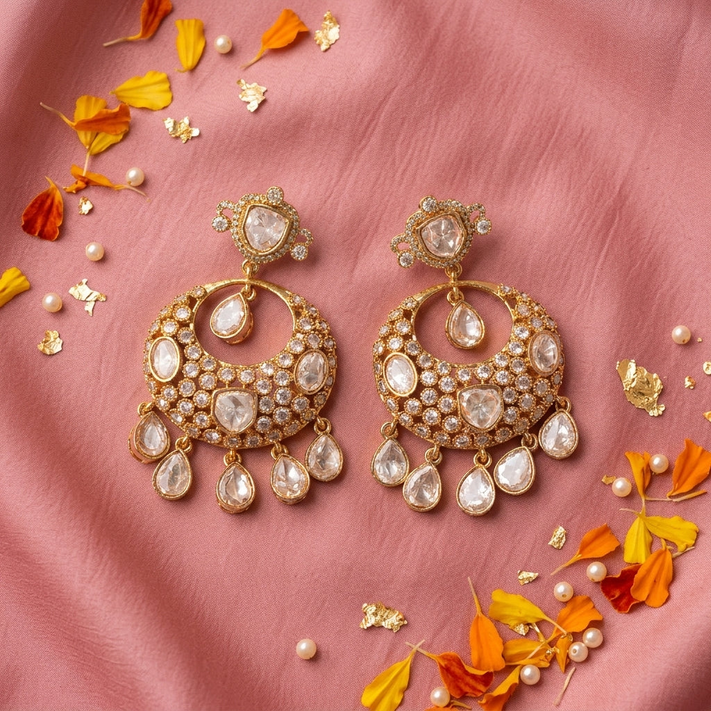White Crescent Polki Cluster Earrings - Tabletop