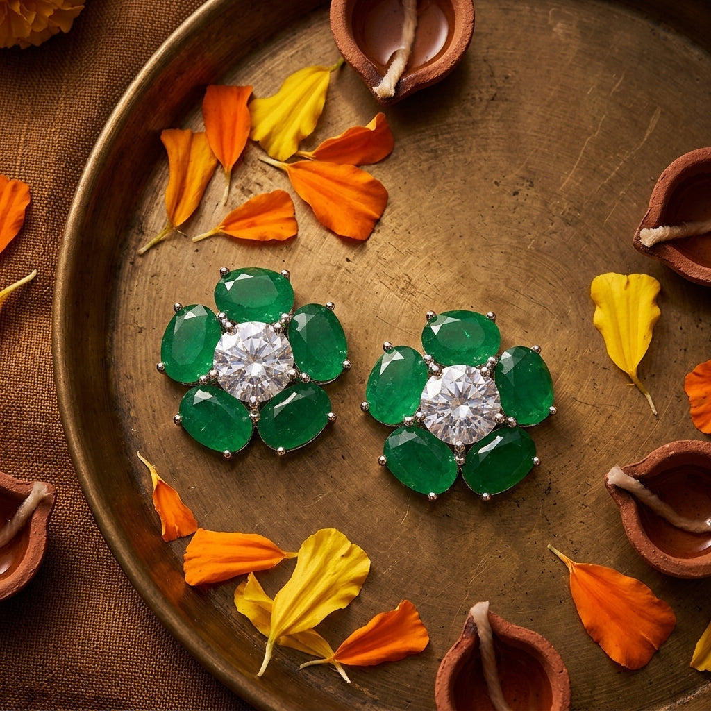 Green and Clear Floral Cluster Earrings - Tabletop