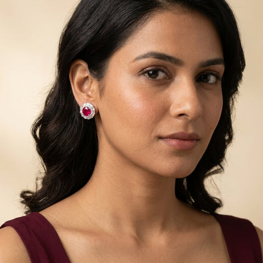 Ruby Red Floral Halo Earrings - Model