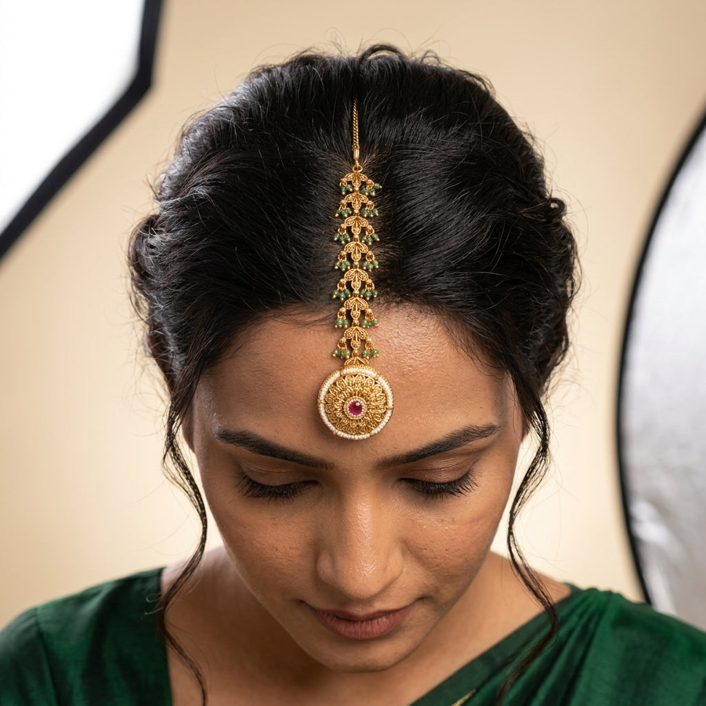 Ruby Green Floral Filigree Maang Tikka - Model