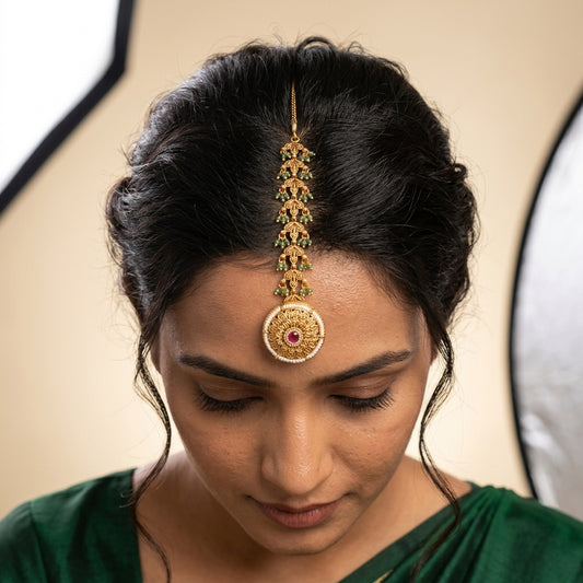 Ruby Green Floral Filigree Maang Tikka - Model