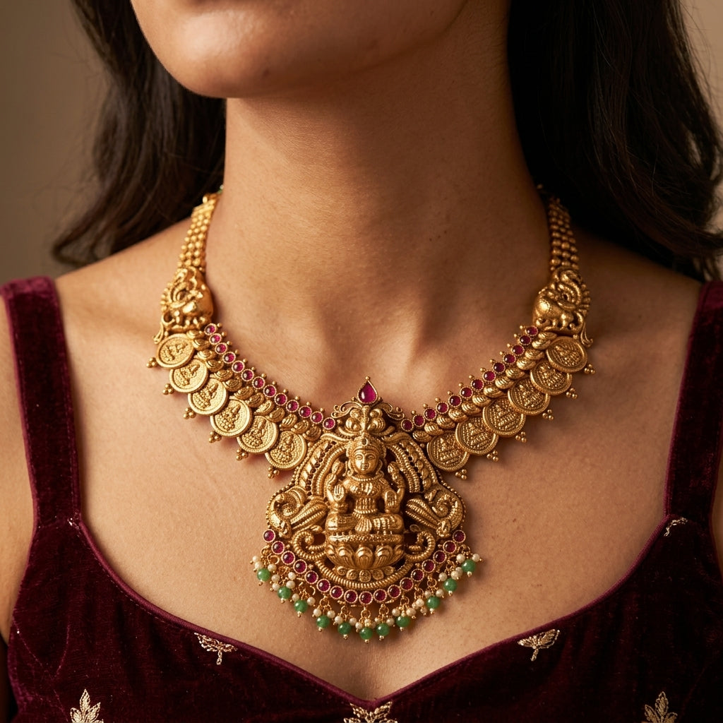 Red Temple Kasu Necklace Set - Model