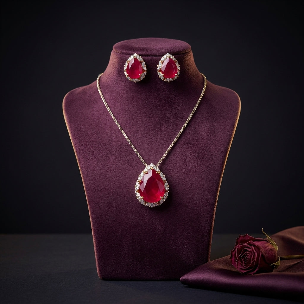 Red Faceted Teardrop Cluster Pendant Set - Mannequin