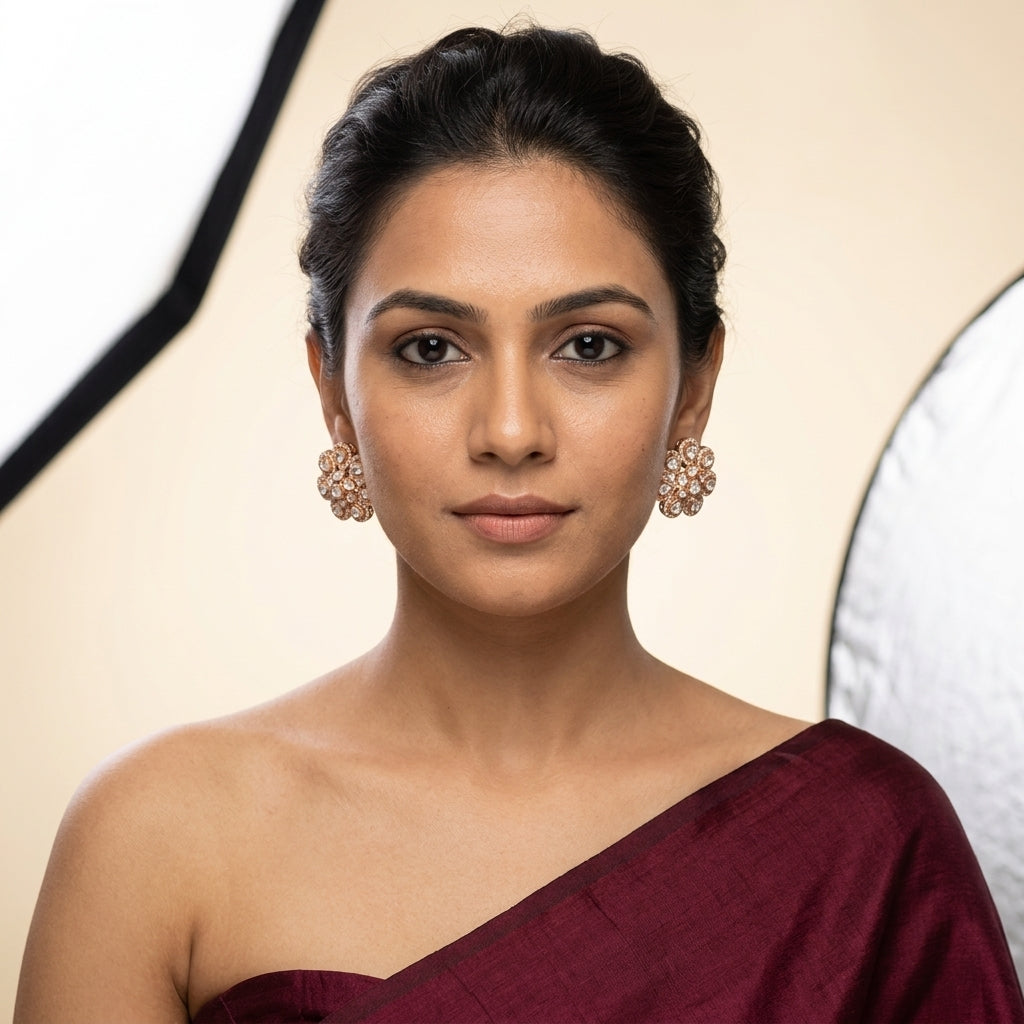 White Floral Kundan Earrings - Model