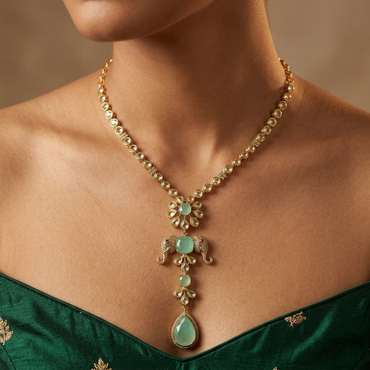 Mint Elephant Drop Necklace Set - Model