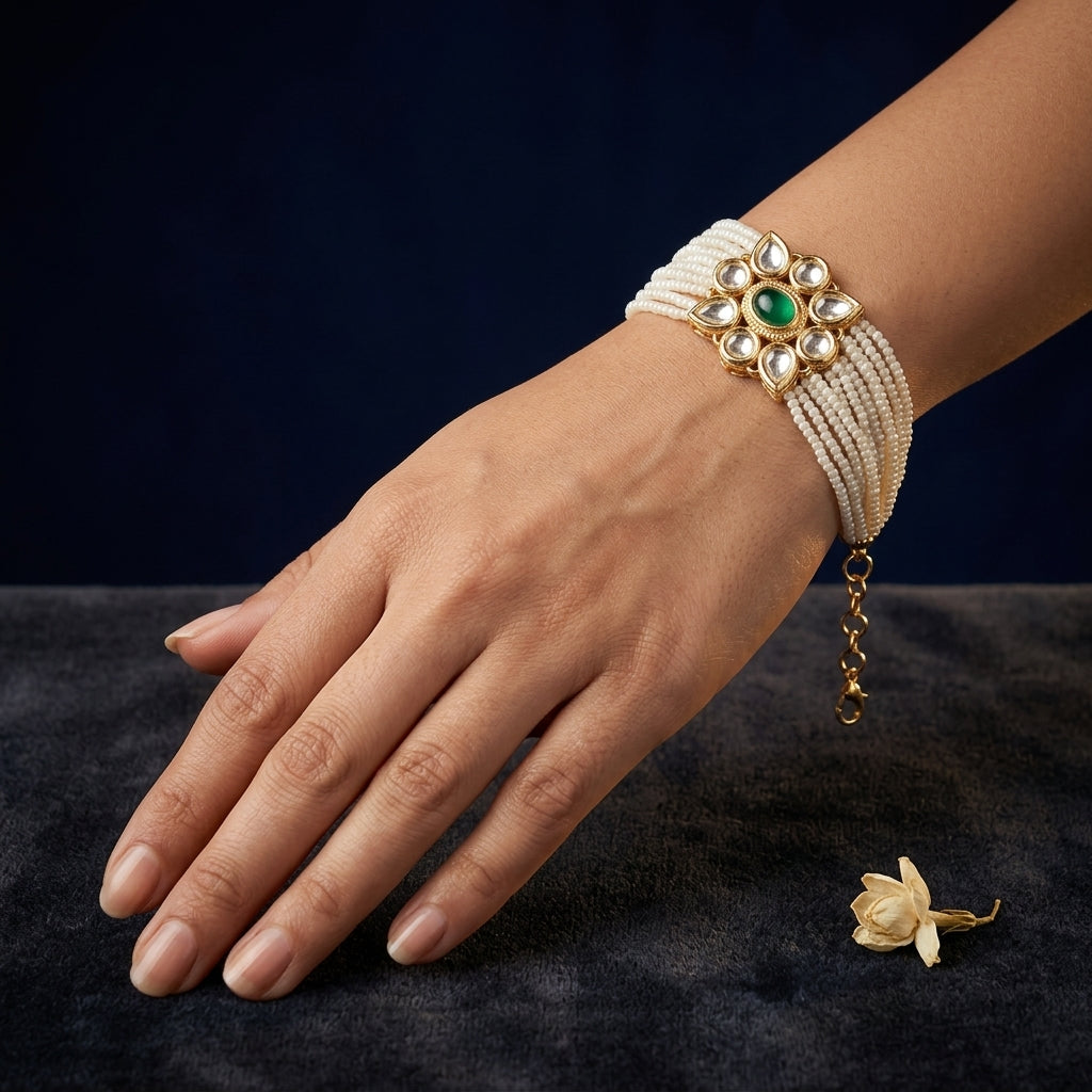 Green White Floral Kundan Bracelet - Mannequin