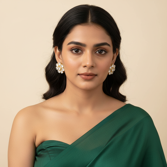 White Gold Kundan Earrings - Model