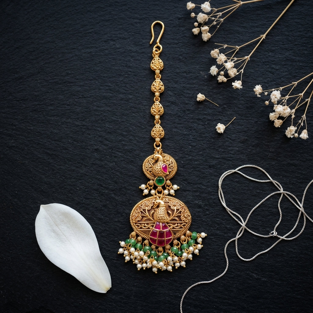 Ruby and Green Peacock Motif Maang Tikka - Tabletop