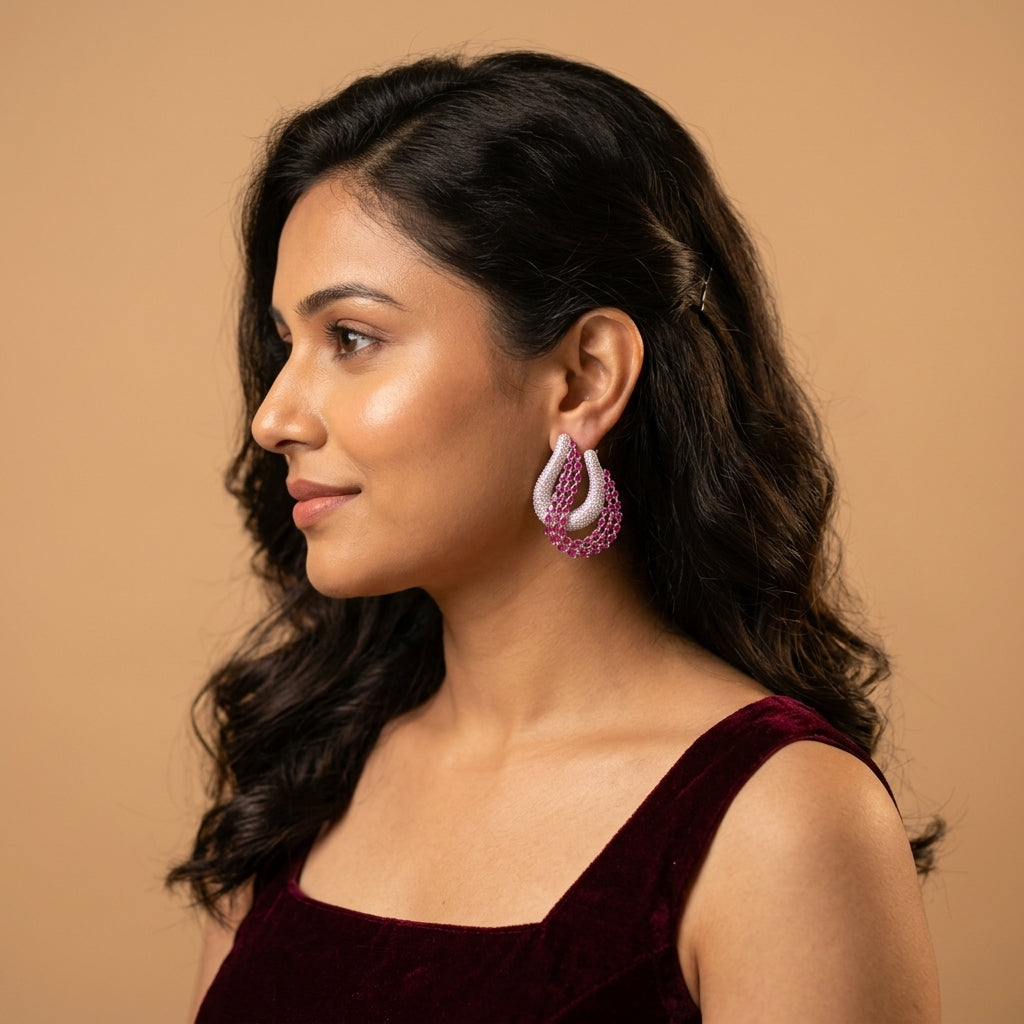 Ruby and Clear Curved Multi-Row Earrings - Model