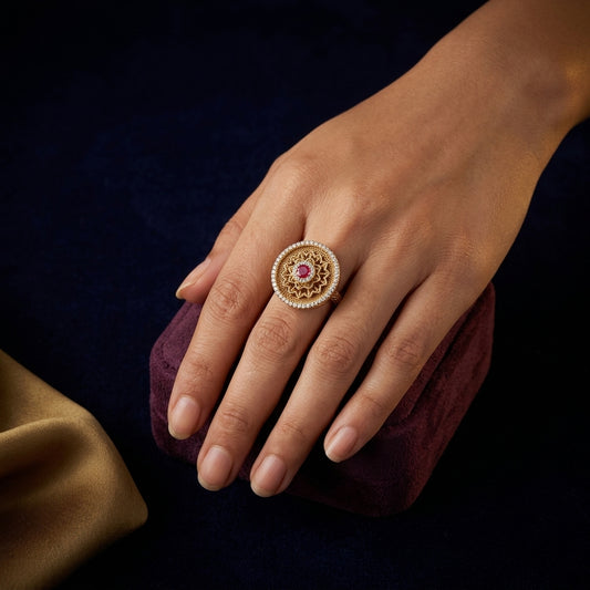 Ruby Red Floral Mandala Ring - Mannequin