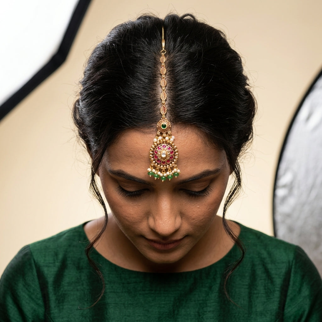 Ruby Green Floral Medallion Maang Tikka - Model