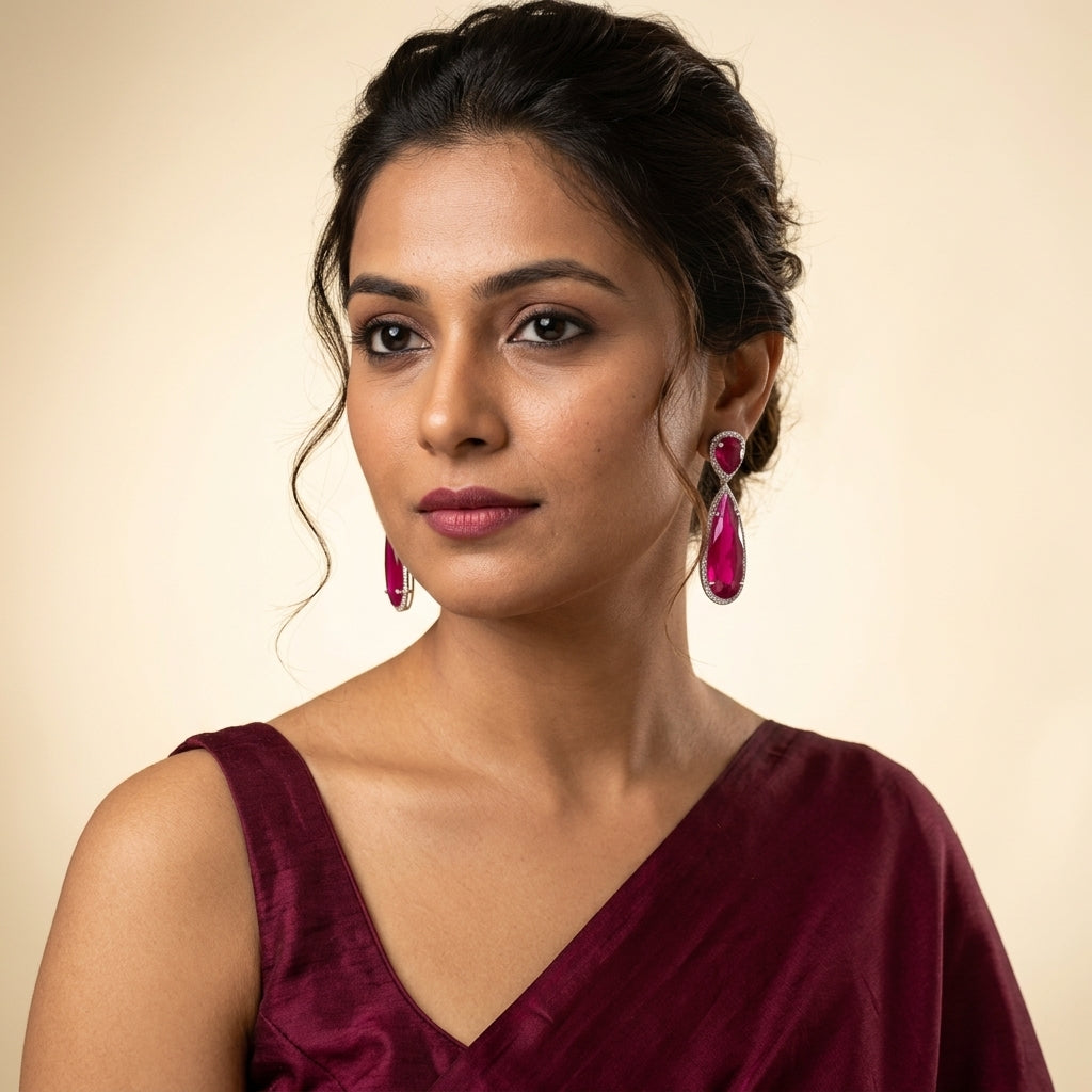 Ruby Red Floral Earrings - Model