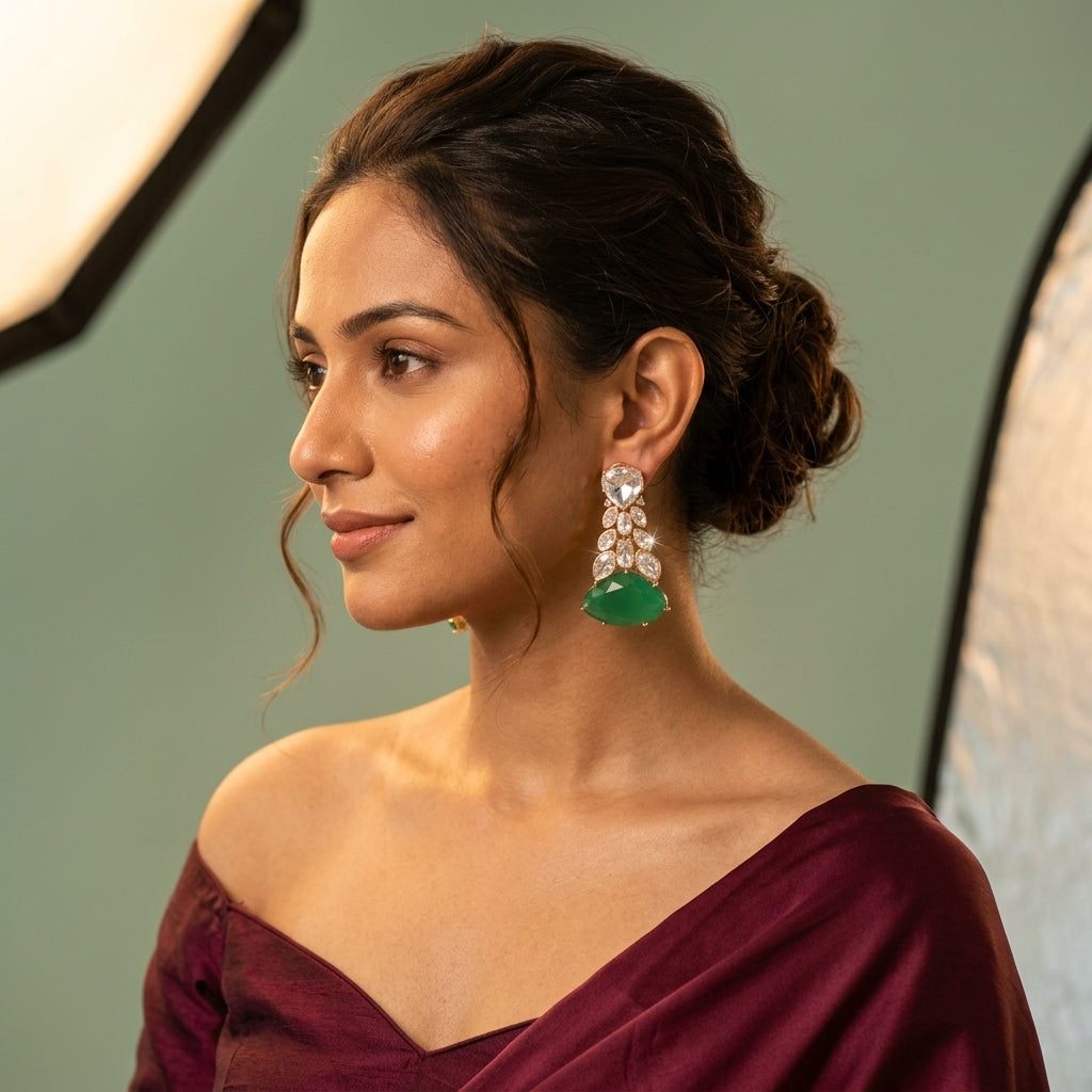 Green Stone Cluster Drop Earrings - Model