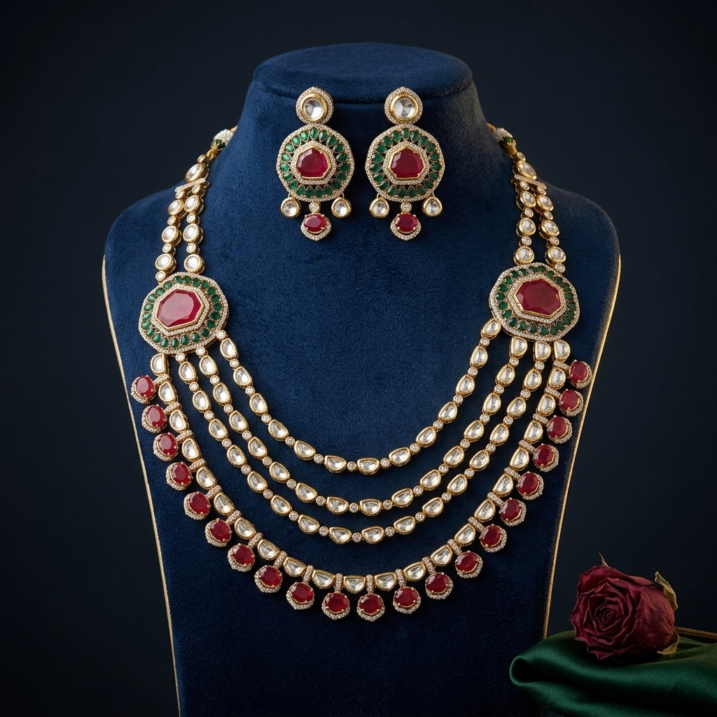 Ruby Green Octagonal Kundan Necklace Set - Mannequin