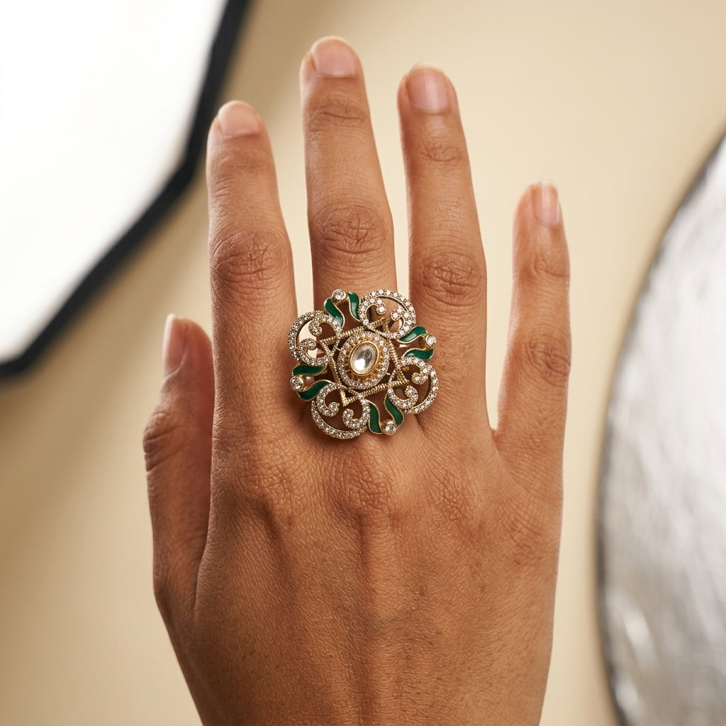 Clear and Green Floral Filigree Ring - Model