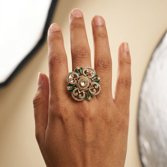 Clear and Green Floral Filigree Ring - Model