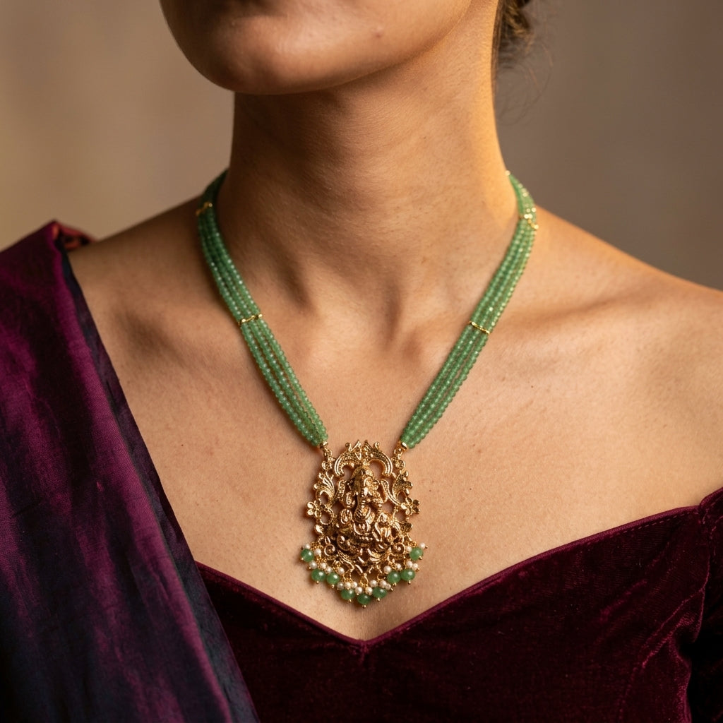 Green and White Temple Deity Necklace Set - Model